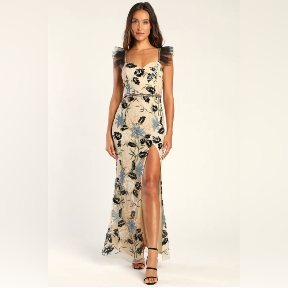 Lulu’s Show Stopper Cream Embroidered Sequin Bodycon Maxi Dress